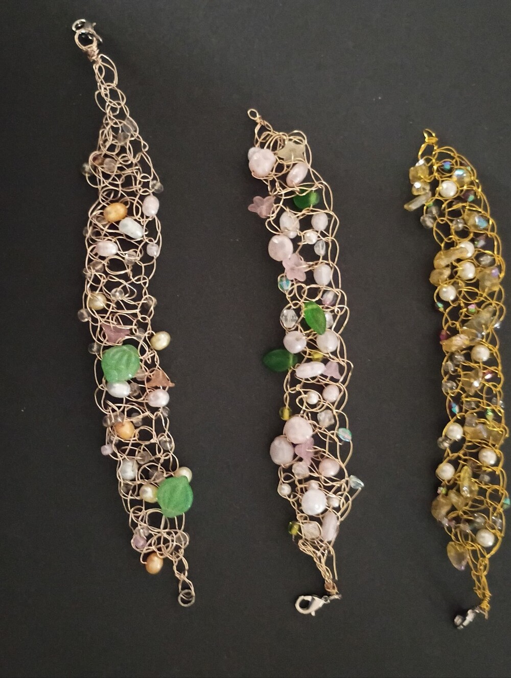 Wire Crochet Bracelet with Pink, Green and Pearl Beads